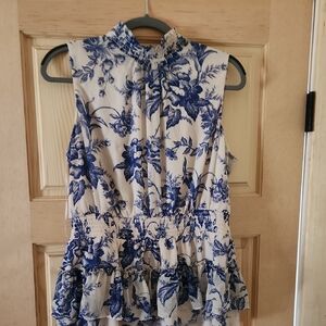 Express Floral Sleeveless  Peplum Top - Blue and Cream